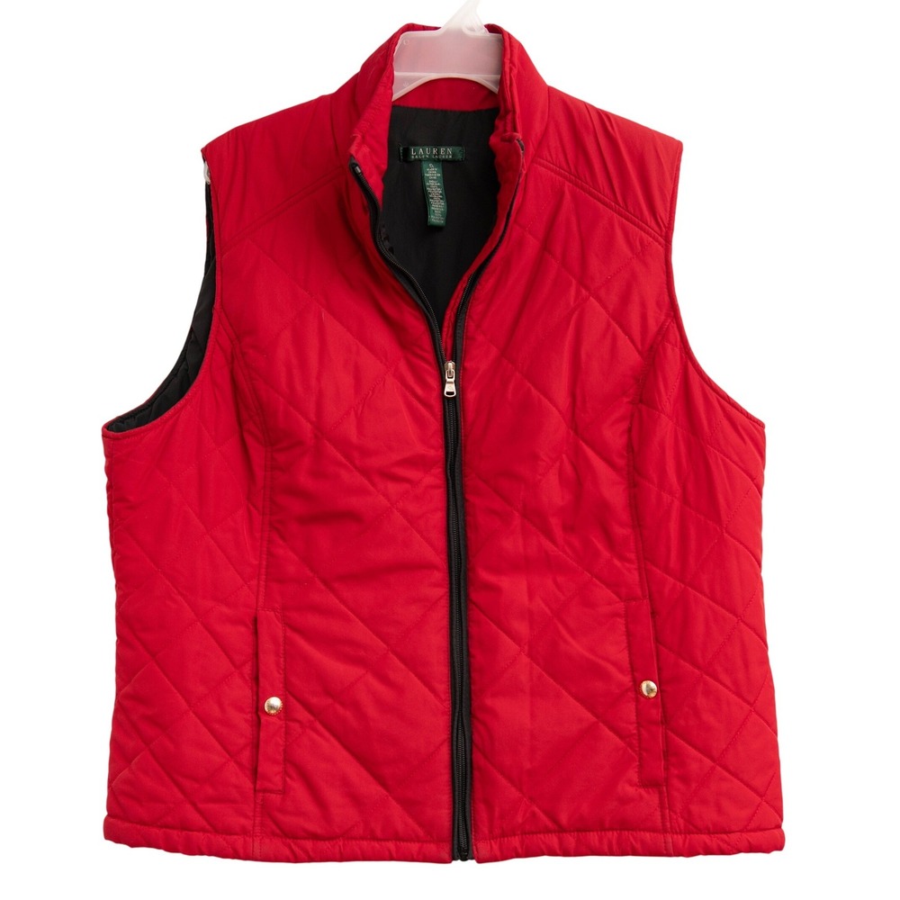 Ralph Lauren XL Red Quilted Puffer Vest‎ Full Zip Preppy Equestrian Classic Bold